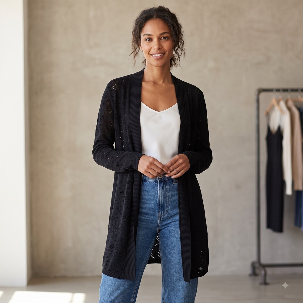 White House Black Market Womens Black Pointelle Open Front Cardigan Sweater S